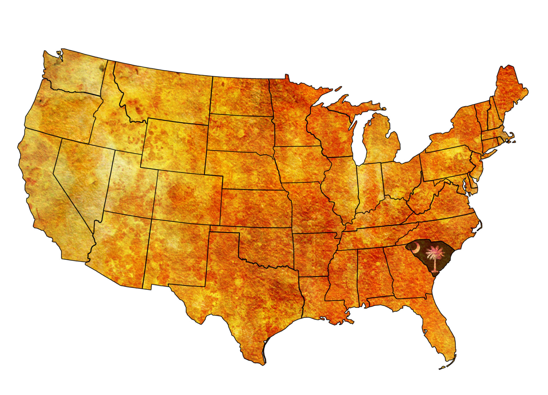 Vintage map of USA with South Carolina flag overlaying South Carolina state